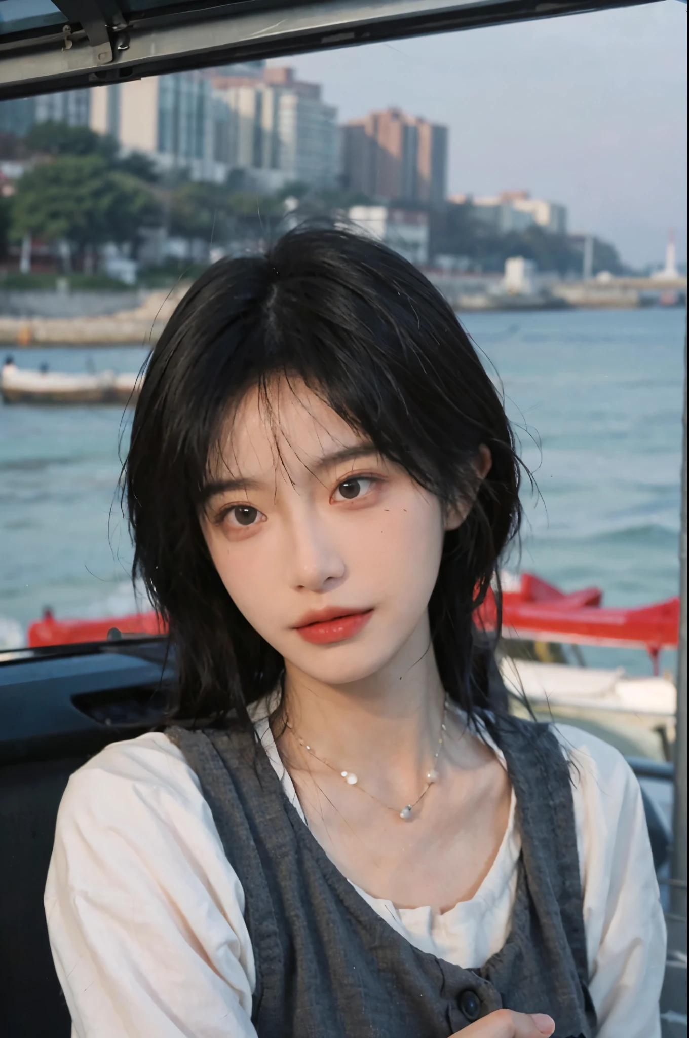 Film portrait photography, 1girls, Lipstick, (big chest:1.2), Wear a necklace, Cute expression, Exquisite makeup, black suspenders, serene, calm, (Realistic and detailed eyes, Natural skin texture, Realistic facial details), Soft dramatic lighting, Vibrant details, Detailed and detailed, Surreal, 35mm film, hazy, outdoor, Seaside background, seaside, Depth of Field, Bokeh