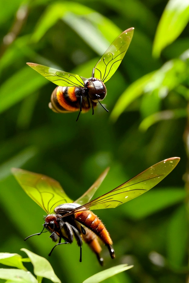 in the forest、Flying hornet、 Moving its wings at high speed