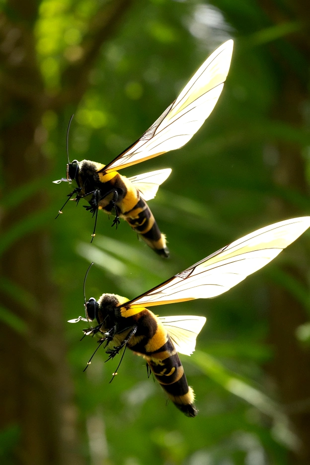 in the forest、Flying hornet、 Moving its wings at high speed