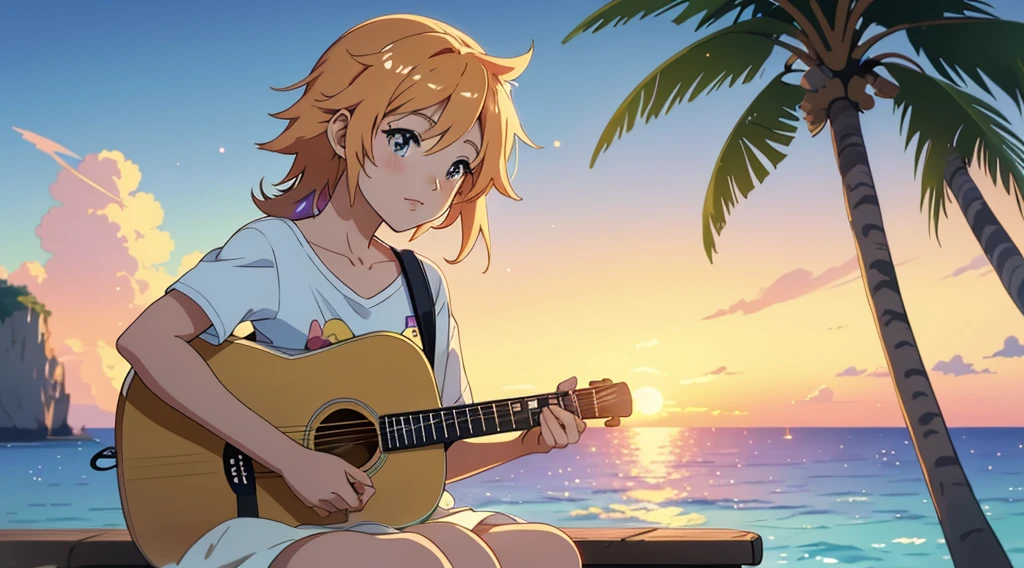 Anime boy sitting on the shelf and playing guitar at sunset, Anime Art Wallpapers 8K, anime art wallpaper 4k, anime art wallpaper 4k, Anime Style4K, anime wallpaper 4k, anime wallpaper 4k, anime wallpaper 4k, Manga Wallpaper, 4K Wallpaper, makoto shinkai cyril rolando, Girl playing guitar, LOFI Girl,(Warm, vibrant colors), (soft, Golden Light), (Sparkling reflections on the water), Anime Style，Ocean，Oceanのビーチ，Coconut Tree