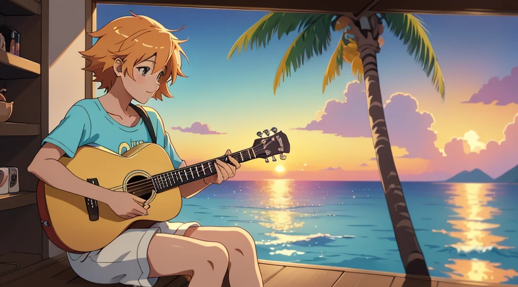 Anime boy sitting on the shelf and playing guitar at sunset, Anime Art Wallpapers 8K, anime art wallpaper 4k, anime art wallpaper 4k, Anime Style4K, anime wallpaper 4k, anime wallpaper 4k, anime wallpaper 4k, Manga Wallpaper, 4K Wallpaper, makoto shinkai cyril rolando, Girl playing guitar, LOFI Girl,(Warm, vibrant colors), (soft, Golden Light), (Sparkling reflections on the water), Anime Style,Ocean,Oceanのビーチ,Coconut Tree