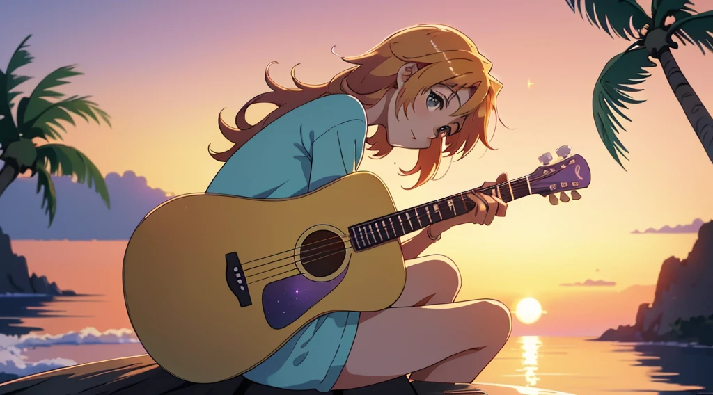 Anime boy sitting on the shelf and playing guitar at sunset, Anime Art Wallpapers 8K, anime art wallpaper 4k, anime art wallpaper 4k, Anime Style4K, anime wallpaper 4k, anime wallpaper 4k, anime wallpaper 4k, Manga Wallpaper, 4K Wallpaper, makoto shinkai cyril rolando, Girl playing guitar, LOFI Girl,(Warm, vibrant colors), (soft, Golden Light), (Sparkling reflections on the water), Anime Style,Ocean,Oceanのビーチ,Coconut Tree