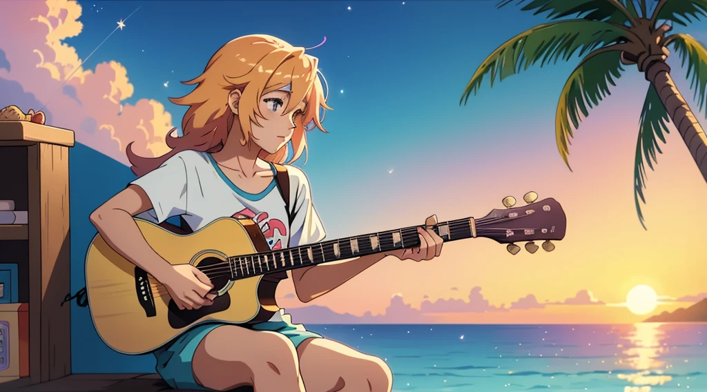 Anime boy sitting on the shelf and playing guitar at sunset, Anime Art Wallpapers 8K, anime art wallpaper 4k, anime art wallpaper 4k, Anime Style4K, anime wallpaper 4k, anime wallpaper 4k, anime wallpaper 4k, Manga Wallpaper, 4K Wallpaper, makoto shinkai cyril rolando, Girl playing guitar, LOFI Girl,(Warm, vibrant colors), (soft, Golden Light), (Sparkling reflections on the water), Anime Style，Ocean，Oceanのビーチ，Coconut Tree