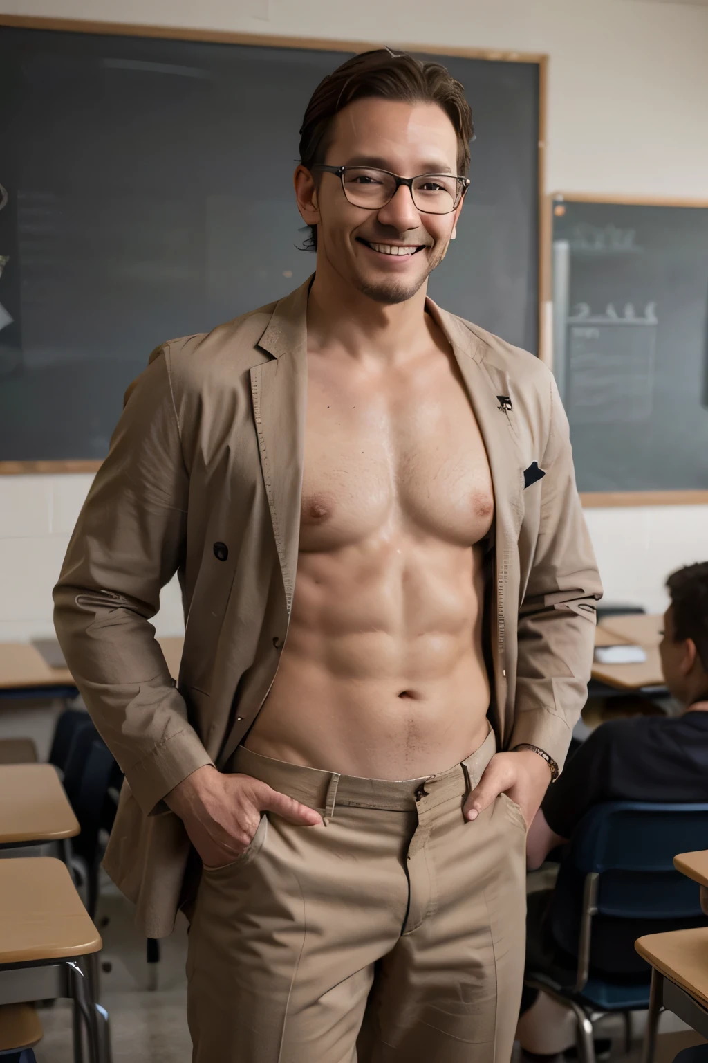 ((best quality)), ((masterpiece)), (detailed), Donny wahlberg as A teacher. Wears the suit without a shirt underneath. He teaches the student. He wears the Brown suit without Shirt inside. He smile. The students wants to interact with him. He stands in front of the students