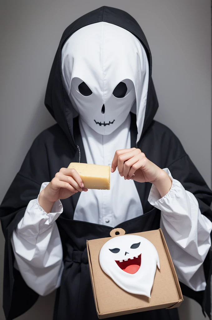 Create a GHOST with an evil face, holding a box of cheese with both hands