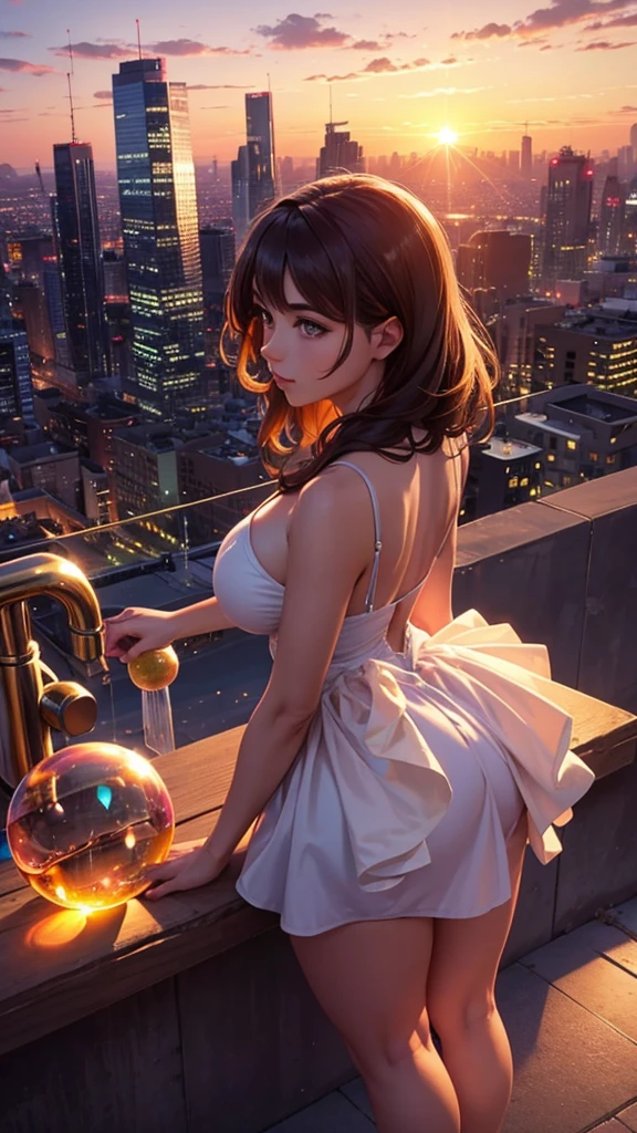 A city with a beautiful sunset and a beautiful woman with the power to make soap bubbles 