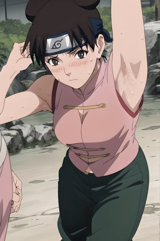 (masterpiece, 4K, Highest quality, anime style: 1.9, Detailed face, Lovely, Bold, High resolution, anime,  Curvaceous, Thighs,, (blush).Very slim belly, Cowboy Shot, (((One girl))),NARUTOanime風, Tenten,(((Sweaty))),(((armpits))),Pink Chinese dress,Dark green trousers,(((Show your armpits to your audience))),Raise one hand,(Accurate limbs)