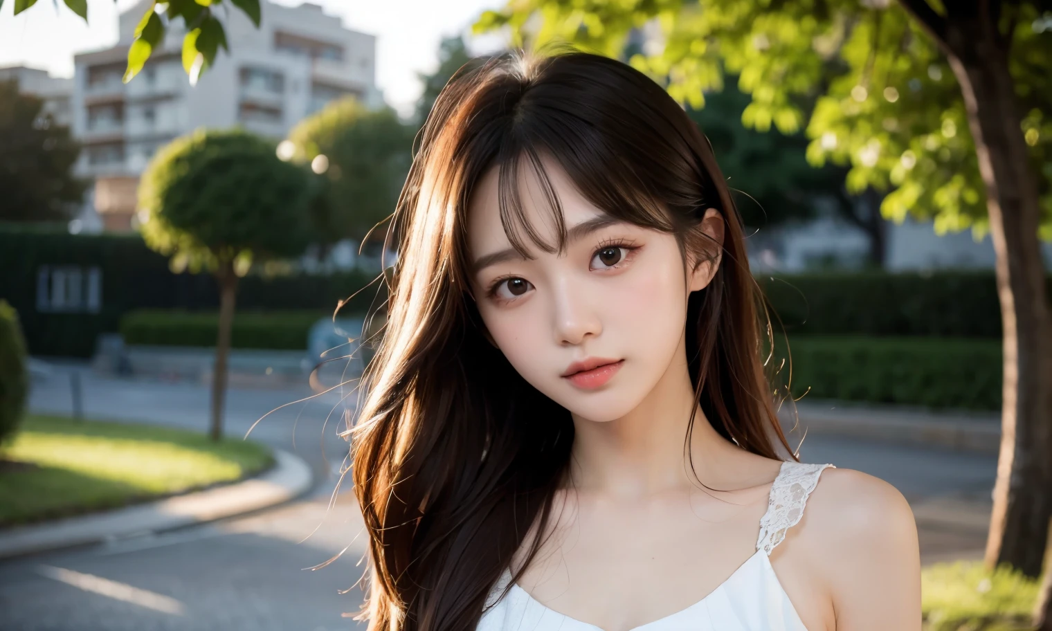 (Highest quality,masterpiece:1.3,Ultra-high resolution),(Very detailed,Caustics,8K),(Realistic:1.4,RAW shooting),22 years old,,(I'm looking at the camera with a smile on my face)Brown Hair,Medium Hair、Korean model、Soft sunlight,Natural light、9 heads、Solo Snap、、Korean、Hanging eyes、dusk