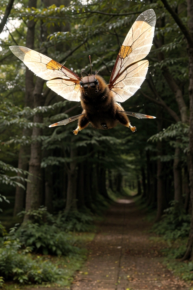 in the forest、Flying hornet、 Moving its wings at high speed