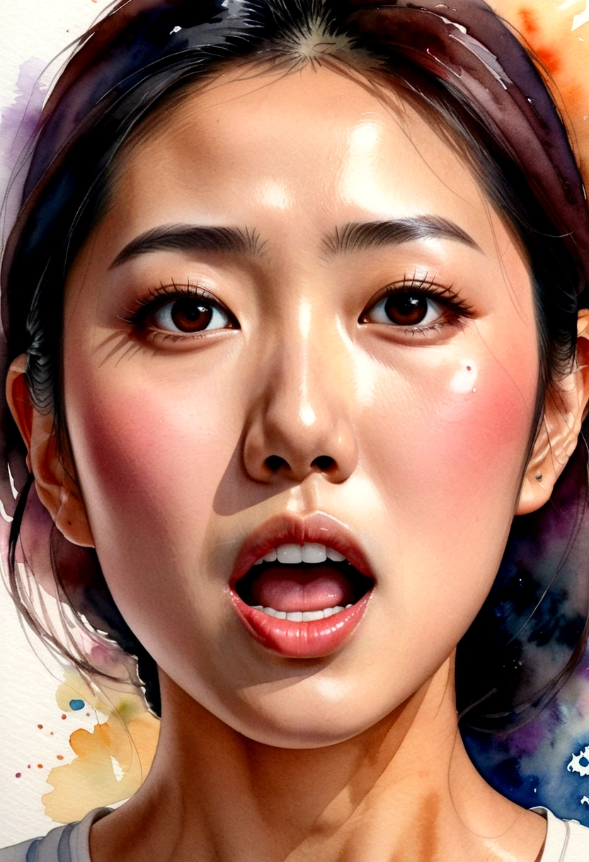 Portrait of a young Asian woman&#39;s face,The side opened its mouth extremely wide and shouted loudly in anger.,watercolor