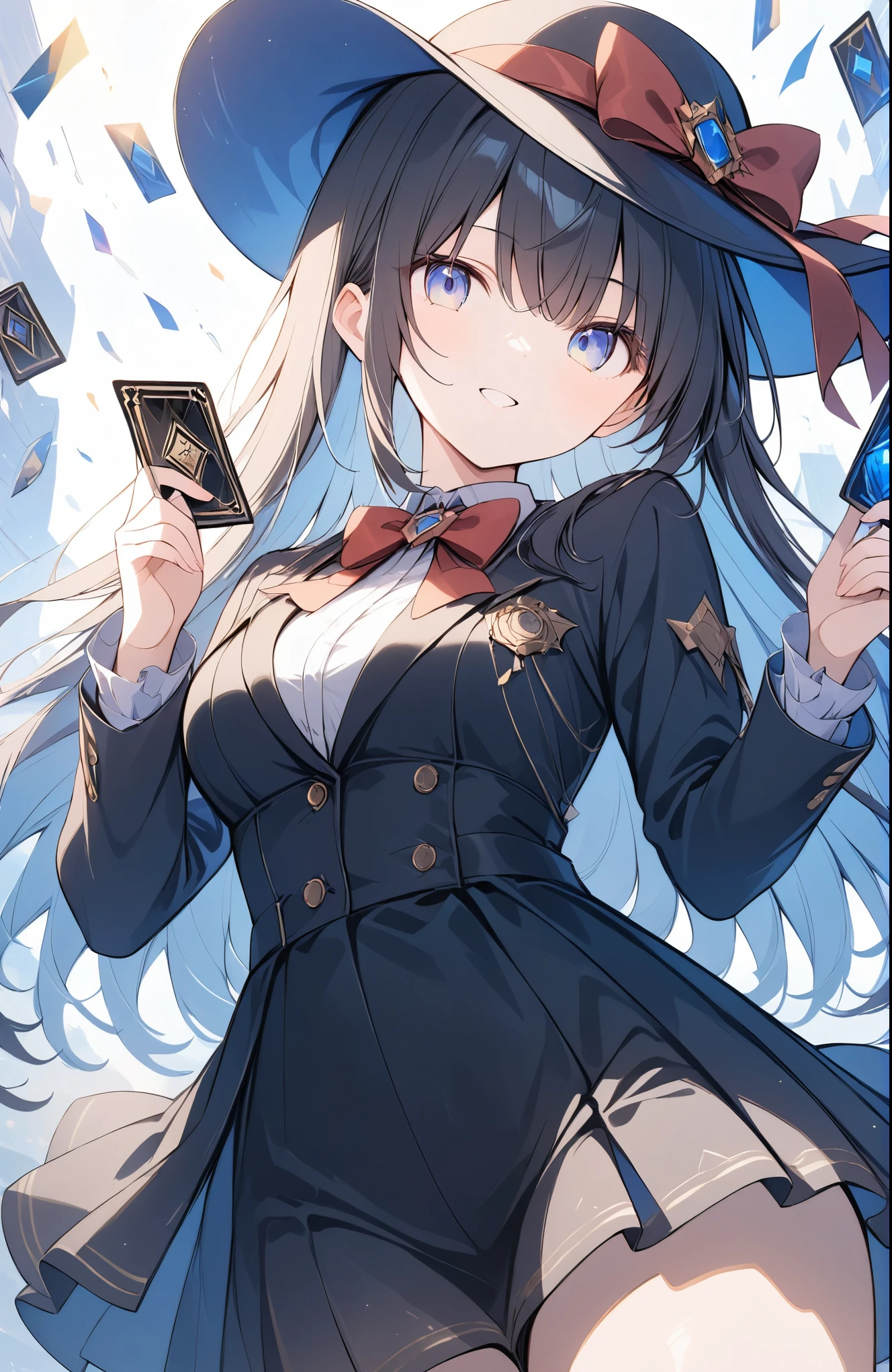 超High resolution, Attention to detail, high quality, High resolution, 最high quality, 4K, 8K, Awards, (artwork)、silk hat、magician、girl、Black suit with bow tie、Doing card magic、Trump cards fly all around、Light production、Fantastic Light,close-up