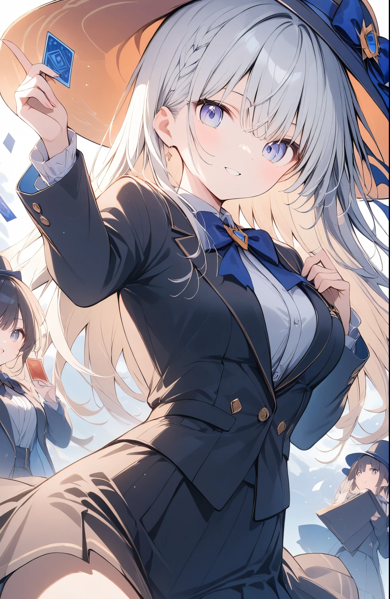 超High resolution, Attention to detail, high quality, High resolution, 最high quality, 4K, 8K, Awards, (artwork)、silk hat、magician、girl、Black suit with bow tie、Doing card magic、Trump cards fly all around、Light production、Fantastic Light,close-up