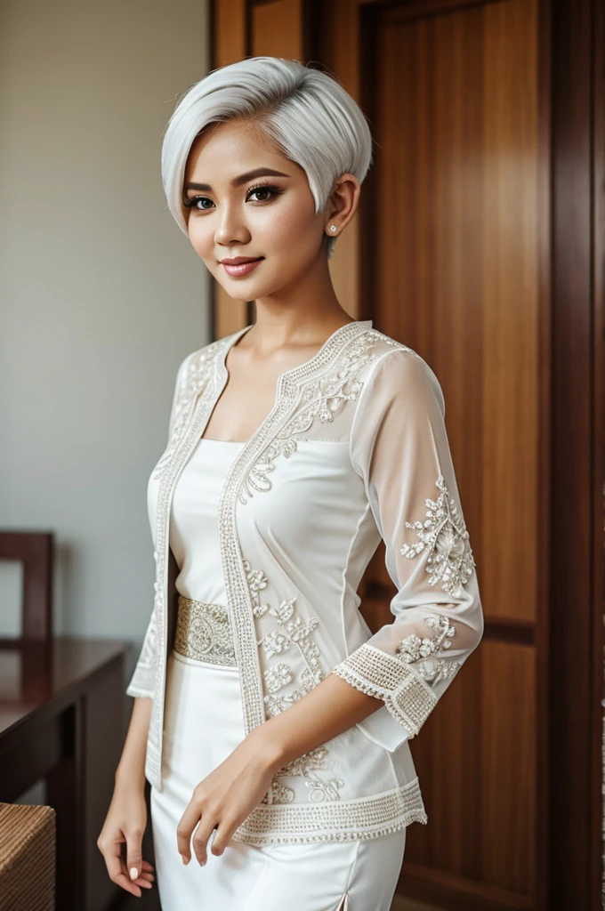 woman with short white hair wearing a kebaya
