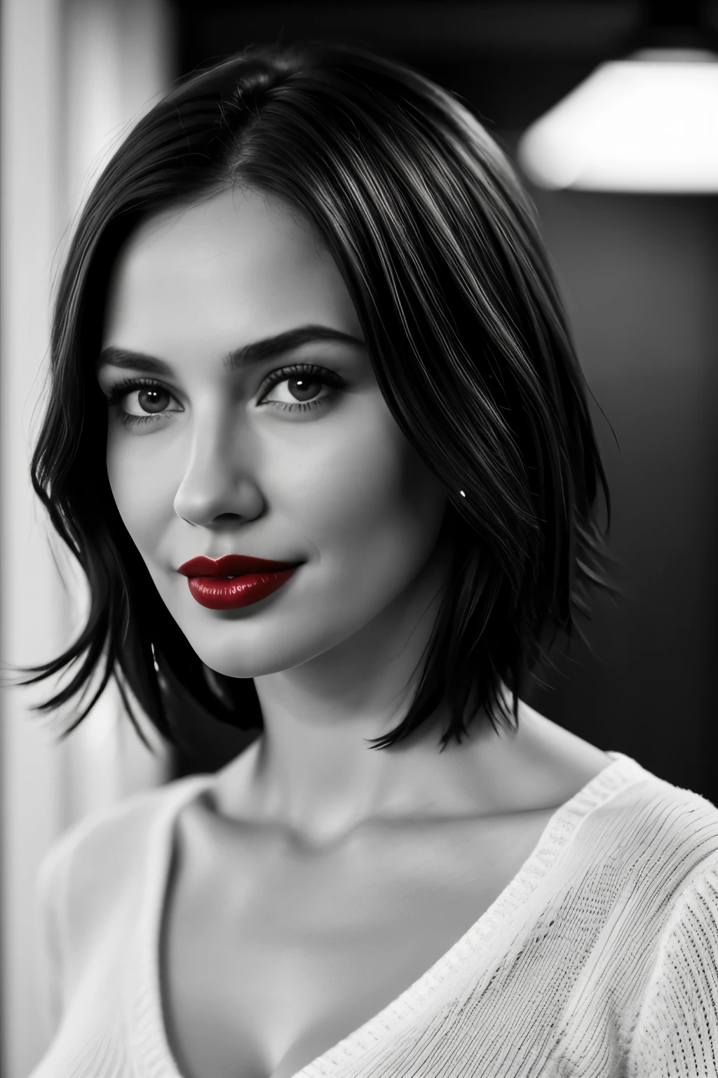 Tabletop, Highest quality, Realistic, Very detailed, finely, High resolution, 8k wallpaper, RAW Photos, Professional, High level of detail, 1 Girl, (((Black and white photography))), (((Red lips))), ((Looking into the camera)), (look forward to), Upper Body, short hair, Bob Hair, (Straight hair), Shapely breasts, Cleavage, White V-neck light knit sweater