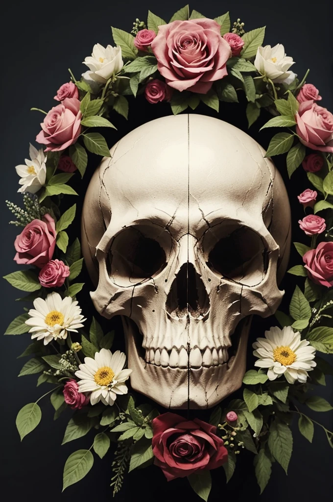 Skull with cross in the middle mixed with flowers conceptual