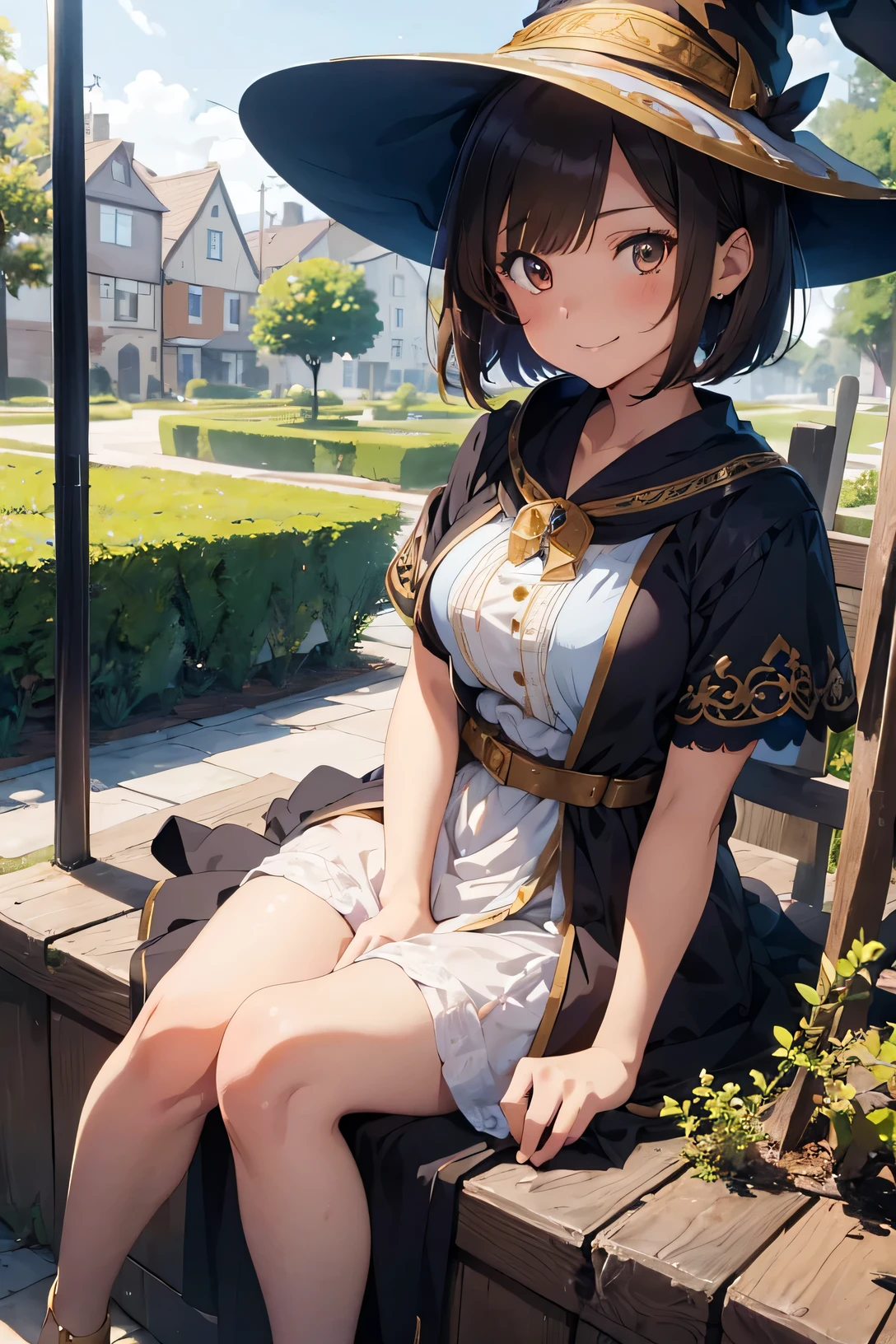 1girl, brown eyes, brown hair, bob cut, hair over one eye, blue robe, white shawl, gold trim, witch hat, smile, close-up, (masterpiece), ((best quality, intricate details, anime girl, witch, sitting in a garden