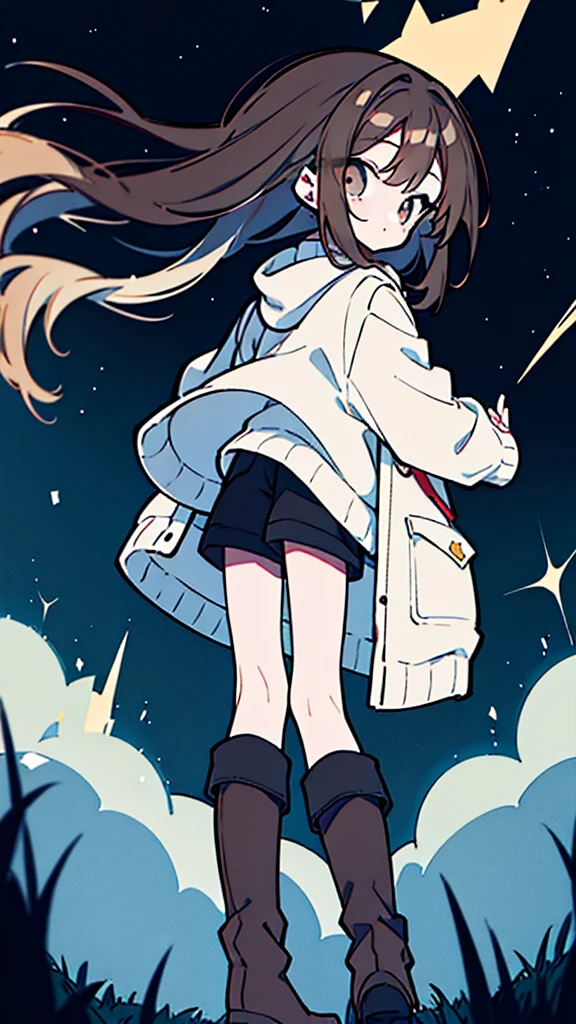 dark haired girl，18 years old，Back，Wearing white clothes, light brown jacket and black shorts，White knee socks，Black leather boots，Standing under the starry sky，at night，HD，Fine fingers，masterpiece
