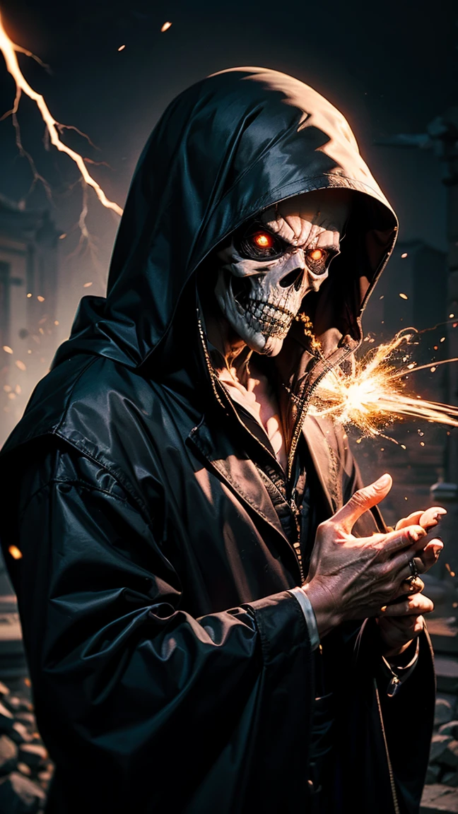 ((grim Reaper)) , ((a muscular grim Reaper dressed in black)), platinum blond hair, casting a powerfull spell, dramatic ball lightning between hands, dragon background, ancient chinese temple, highly detailed, photography, ultra sharp, film, bokeh, professional, 64k,Bust Shot:1.5