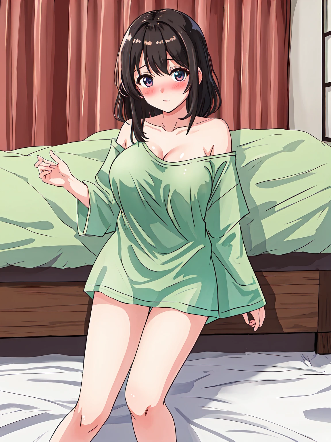 (masterpiece, Highest quality), One girl, Oversized shirt, off_shoulder, Blushing, Embarrassing, Innocent, Bedroom 、(Big Breasts：1.4)、The valley is visible