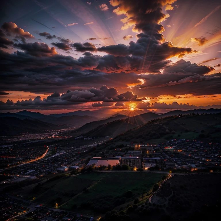 A breathtaking sunset scene under the vibrant sky, with dramatic clouds casting a silhouette of silhouetted mountains against an orange and purple backdrop