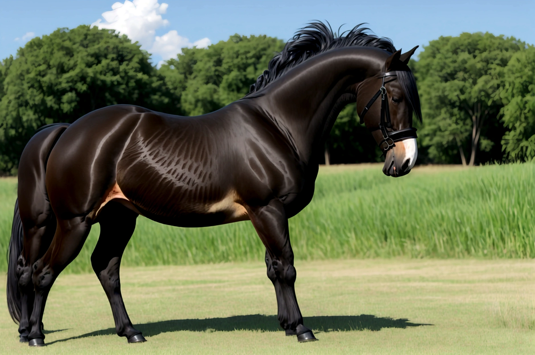 full side view of a big fat Belgian draft horse mare with a massive bum and a very short tail. horse facing horizon . BBW very full figured very dark skinned BBW nude African woman riding horse. flat grass meadow. looking to horizon . a single huge pile of steaming horse dung on the ground behind horse. cloudless blue sky.