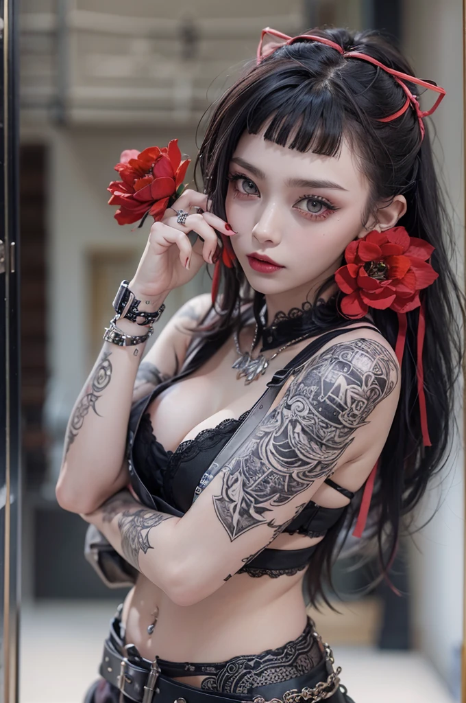 Highest quality、、masterpiece：1.3、Gothic Punk、The inner color is red、Gray Black Hair、hair ornaments、beautiful girl、creative、Punk Shirt、Neogoth、Goth Fashion：1.2、High resolution、masterpiece、Highest quality、頭w:1.3、((Hasselblad Photos))、Fine skin、Sharp focus、(Cinema Lighting)、Explore Tokyo'The city at night beyond the neon lights, Forehead open, 17 years old、Petting'Hair back、Shoulder Bare、Small red rose tattoo on the décolletage、Just one tattoo