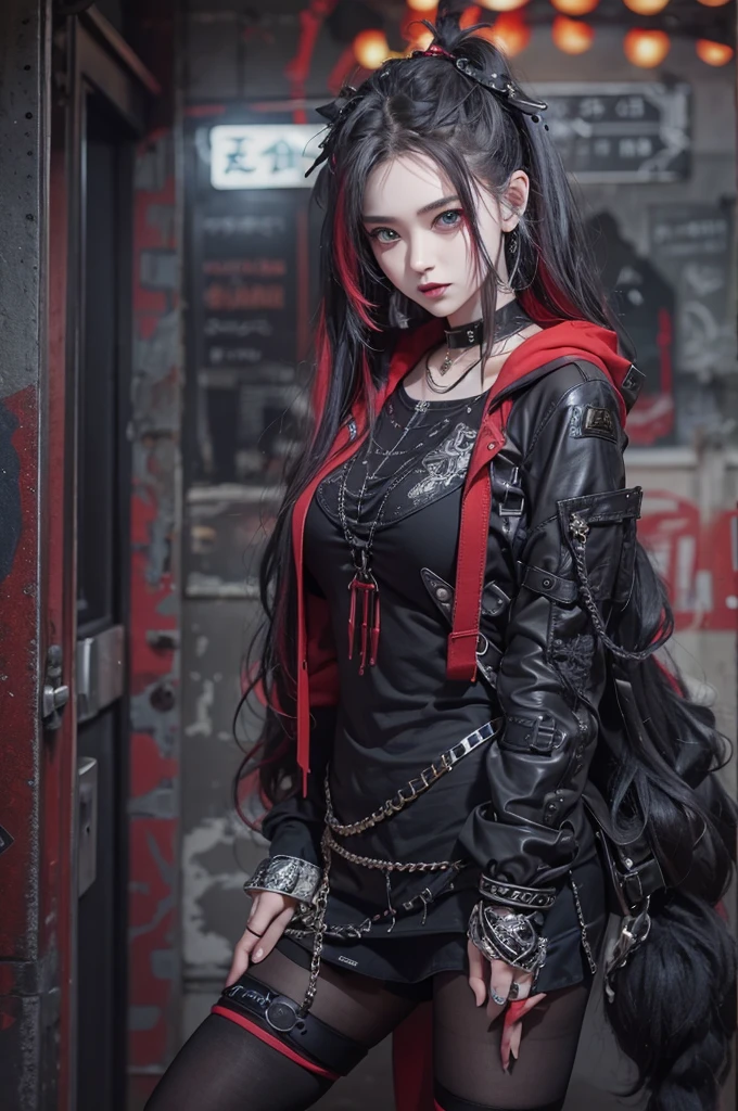Highest quality、、masterpiece:1.3、Gothic Punk、The inner color is red、Gray Black Hair、hair ornaments、beautiful girl、creative、Punk Shirt、Neogoth、Goth Fashion:1.2、High resolution、masterpiece、Highest quality、頭w:1.3、((Hasselblad Photos))、Fine skin、Sharp focus、(Cinema Lighting)、Explore Tokyo'The city at night beyond the neon lights, Forehead open, 、Petting'Hair back、Shoulder Bare、Small red rose tattoo on the décolletage、Just one tattoo