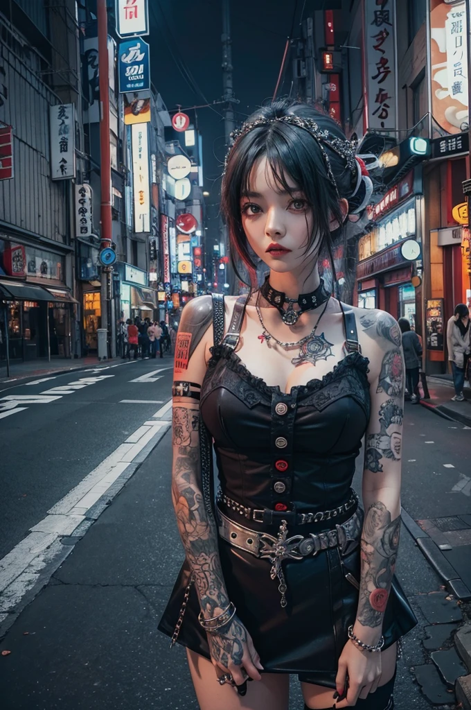Highest quality、、masterpiece:1.3、Gothic Punk、The inner color is red、Gray Black Hair、hair ornaments、beautiful girl、creative、Punk Shirt、Neogoth、Goth Fashion:1.2、High resolution、masterpiece、Highest quality、頭w:1.3、((Hasselblad Photos))、Fine skin、Sharp focus、(Cinema Lighting)、Explore Tokyo'The city at night beyond the neon lights, Forehead open, 17 years old、Petting'Hair back、Shoulder Bare、Small red rose tattoo on the décolletage、Just one tattoo