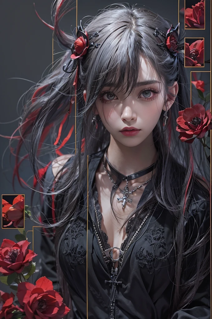 Highest quality、、masterpiece:1.3、Gothic Punk、The inner color is red、Gray Black Hair、hair ornaments、beautiful girl、creative、Punk Shirt、Neogoth、Goth Fashion:1.2、High resolution、masterpiece、Highest quality、頭w:1.3、((Hasselblad Photos))、Fine skin、Sharp focus、(Cinema Lighting)、Explore Tokyo'The city at night beyond the neon lights, Forehead open, 、Petting'Hair back、Shoulder Bare、Small red rose tattoo on the décolletage、Just one tattoo