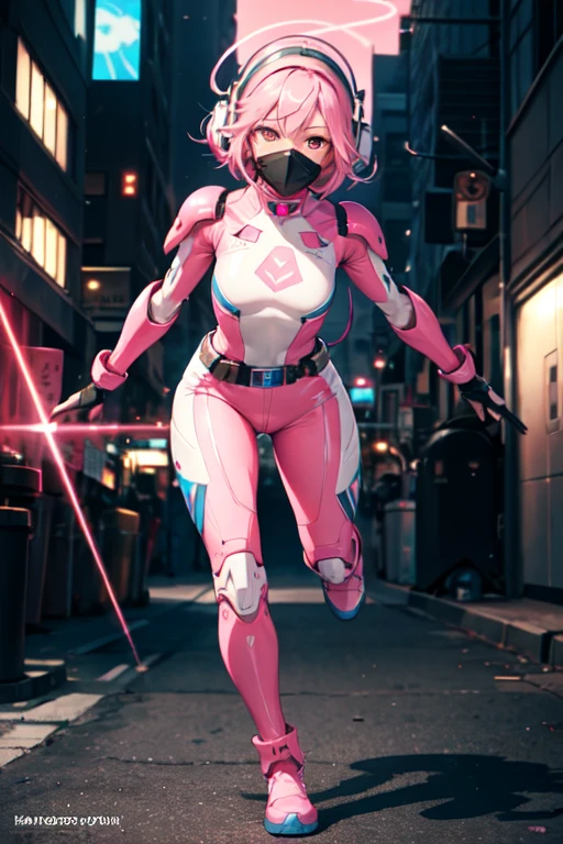 ((best quality)), ((masterpiece)), (detailed), 1 girl, full body, 20s, masked, black mask covering her entire head, smooth head, biker helmet with blue headphones with white center on the sides, flashlight on her forehead, short pink hair coming out of her helmet, 1 small crest on her head, oxygen mask, gas mask, uncovered face, black collar, tall, thin, athletic, circles on her wrists, pink details, black fingerless gloves, pink wristbands, nanotech speedster suit that resembles light armor, blue chest with an emblem, blue chest, black suit, pink lines, pink speed emblem on her chest, pink emblem, blue pants, gray knee pads, metallic pink boots, white superhero belt, running through the city, pink light trail, laser, city background, anime