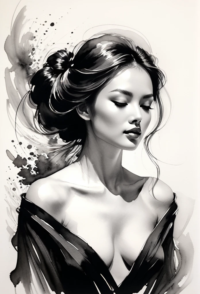 Elegant maiden,black and white ink painting,pen sketch drawing,Loose brushstrokes,Pen outlines delicate lines,flowing action,Subtle ink tones,elegant posture,A peaceful expression,Delicate facial features,black and white,clean