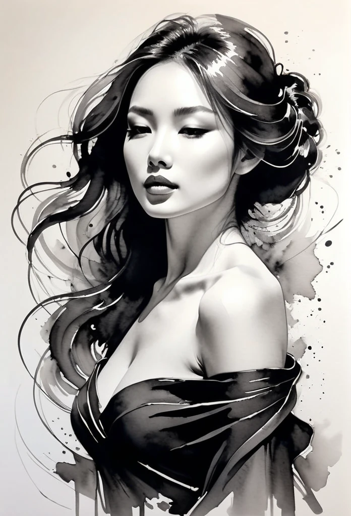 Elegant maiden，black and white ink painting，pen sketch drawing，Loose brushstrokes，Pen outlines delicate lines，flowing action，Subtle ink tones，elegant posture，A peaceful expression，Delicate  features，black and white，clean