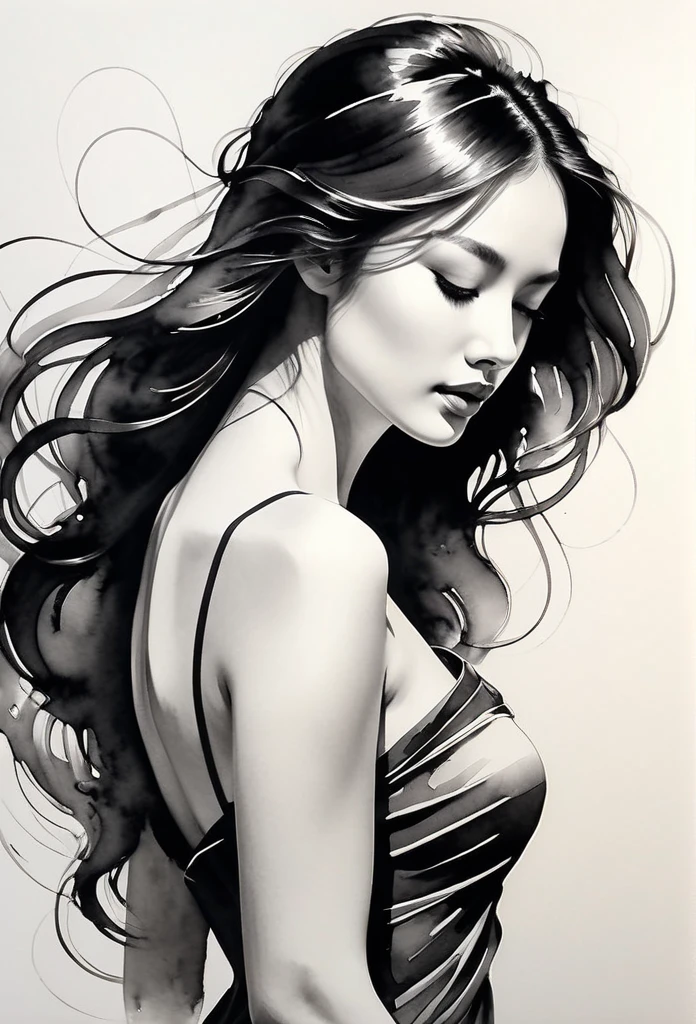 Elegant maiden,black and white ink painting,pen sketch drawing,Loose brushstrokes,Pen outlines delicate lines,flowing action,Subtle ink tones,elegant posture,A peaceful expression,Delicate facial features,black and white,clean