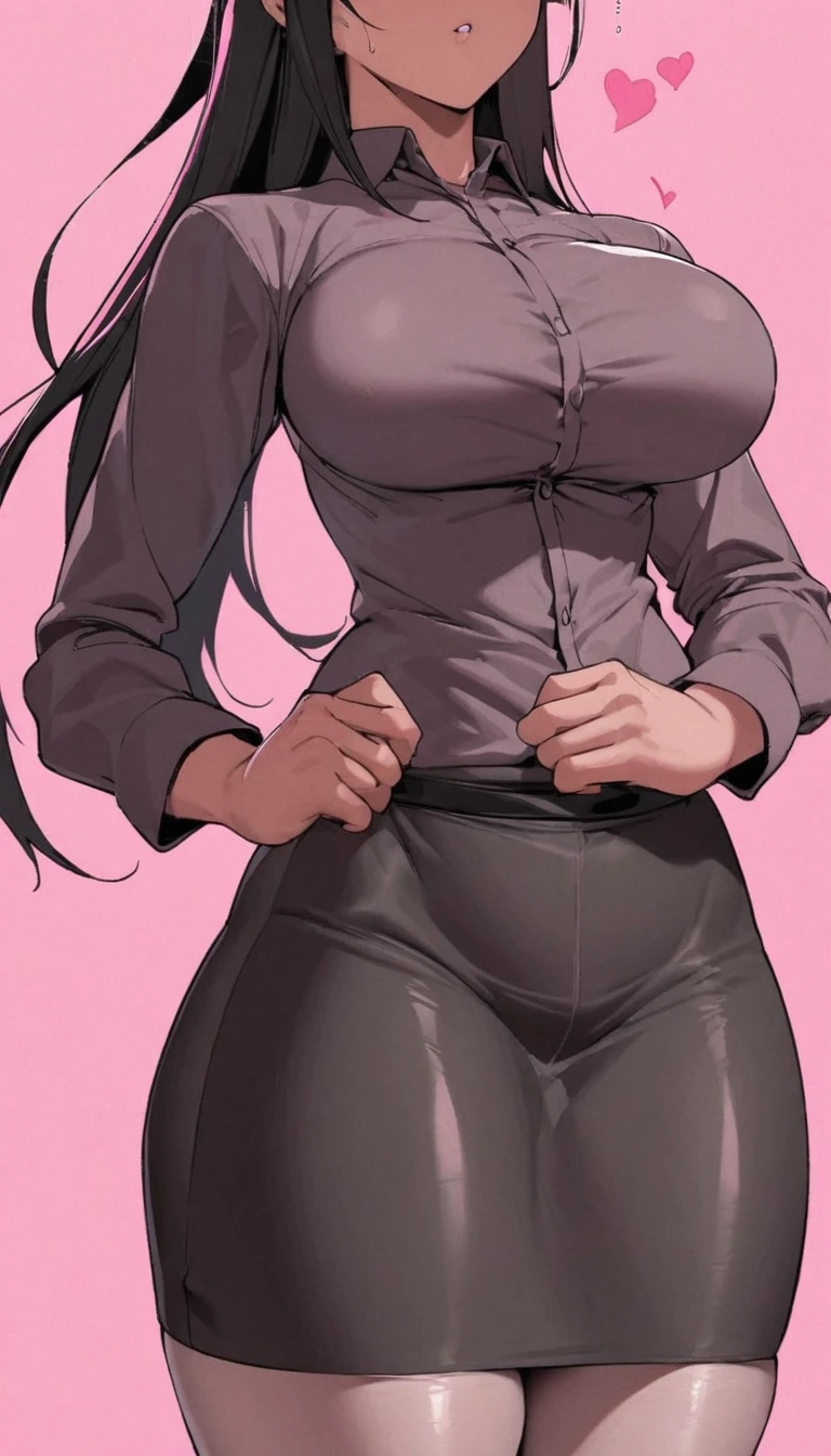 employment,D cup,fit,Black long skirt,Tights,Pants,shirt,Western Metal,Hell Whisperer Style,Lots of pink hearts,background,Fleshy thighs,Height Rendering,Delicate face