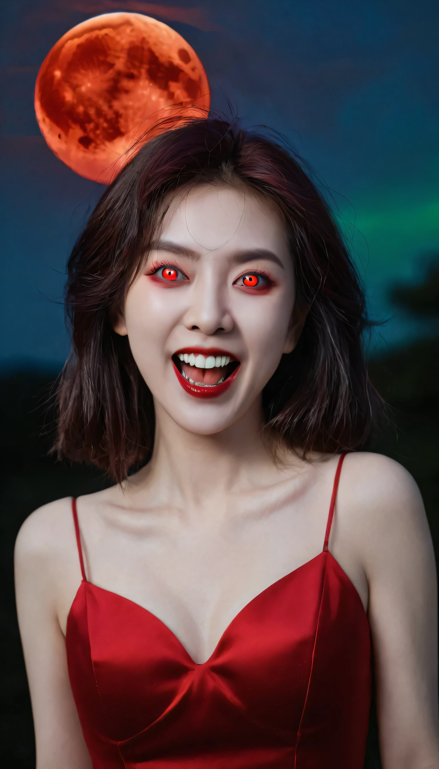 Red Eyes, vampire teeth fangs, bad face, Mouth, giggle,Batwing, scary smile, psychopathic giggle, Sick smile, scary, mouth, Angry eyes, vampire, Dark sky background, Red + blue + green, glowing Red moon