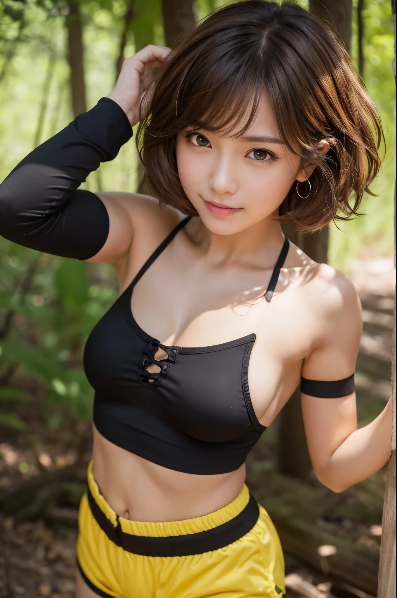 8K,黒と装を着て写真を撮るsmall breasts cat girl, small breasts cat girl, Her light brown hair and short curly hair are attractive., Fantasy art, little cat girl, Vojtek Fuss, small black and yellow chest armor, Chiquita, Trending on cgstation,In the woods,Laughter,Light brown permed short hair,Black and yellow shorts,attractive,Ultra-high resolution,Realistic Skin,has cat eyes,Rich colors, Backlight, Cinema Lighting, Film Grain, 50mm lens, Nikon D850,Ultra-high resolution,Ultra-realistic,Compensate,Super sexy,Very violently、Strong abdominal muscles,Big eyes,whole body muscular,concentrated,Strengthen all your muscles,Dynamic pose,and black exterior,and black combat shorts,