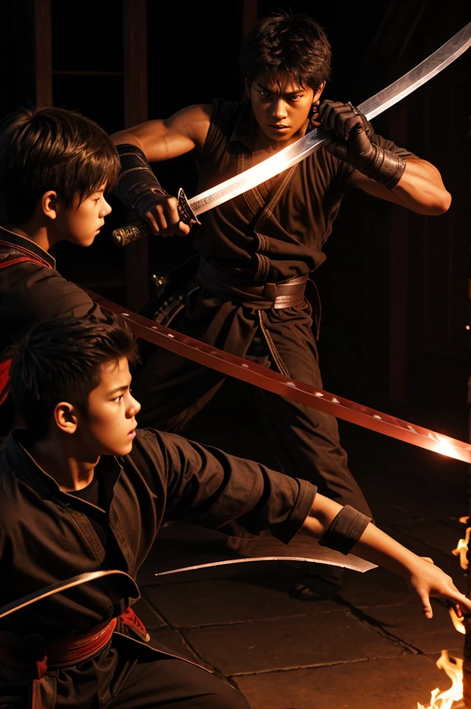 A demon attacks a 15-year-old boy but the boy defends himself with a katana or sword