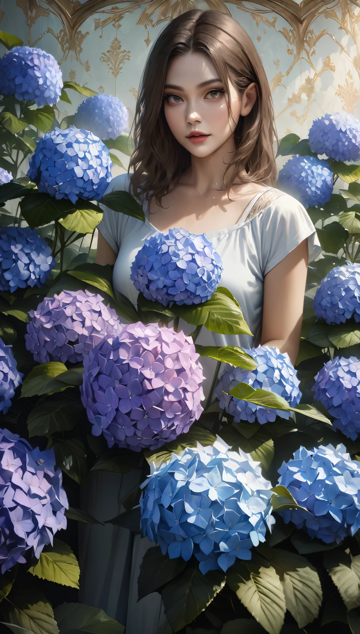 (Highest quality:1.2, Very detailed, Latest, wallpaper, Ultra-high resolution, Realistic, masterpiece:1.2, Highest quality, Best aesthetics),Hydrangea, garden, It&#39;s raining lightly, Small Hill, Pebble Road, Soft Light, Dark Color Palette, Lonely, silence.I see big drops of rain