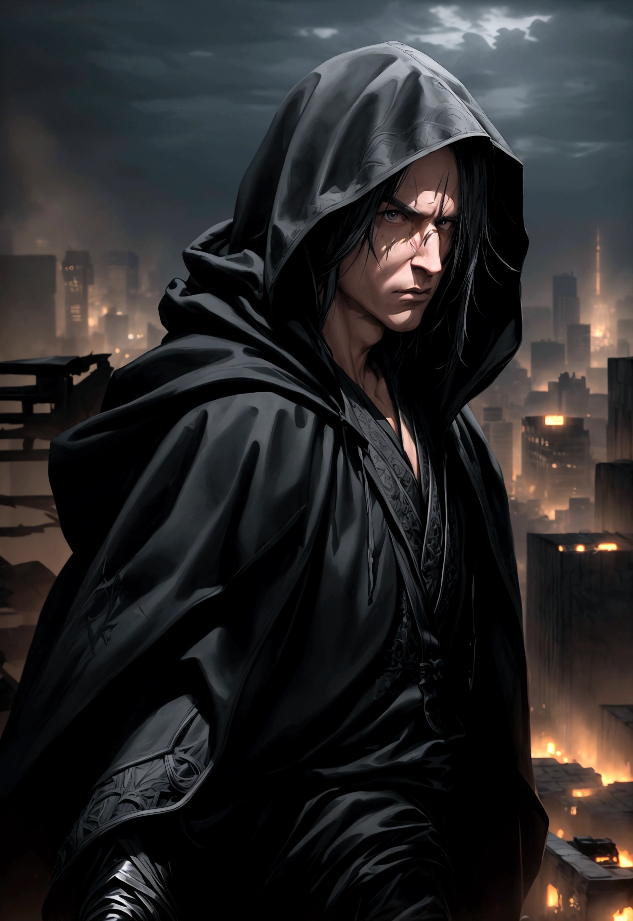 a hooded guy wearing a black robe, facing a destroyed city in the background, dynamic pose, determination, detailed facial features, intricate fabric textures, volumetric lighting, cinematic composition, muted color palette, dramatic shadows, 8k, hyper detailed, photorealistic, masterpiece