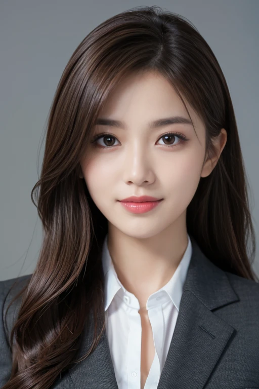 table top、highest quality、genuine、Super detailed、finely、High resolution、8k wallpaper、one beautiful woman、、、light brown disheveled hair、wearing a business suit、sharp focus、perfect dynamic composition、beautiful and fine eyes、thin hair、Detailed genuine skin texture、smile、close-up portrait、model body shape