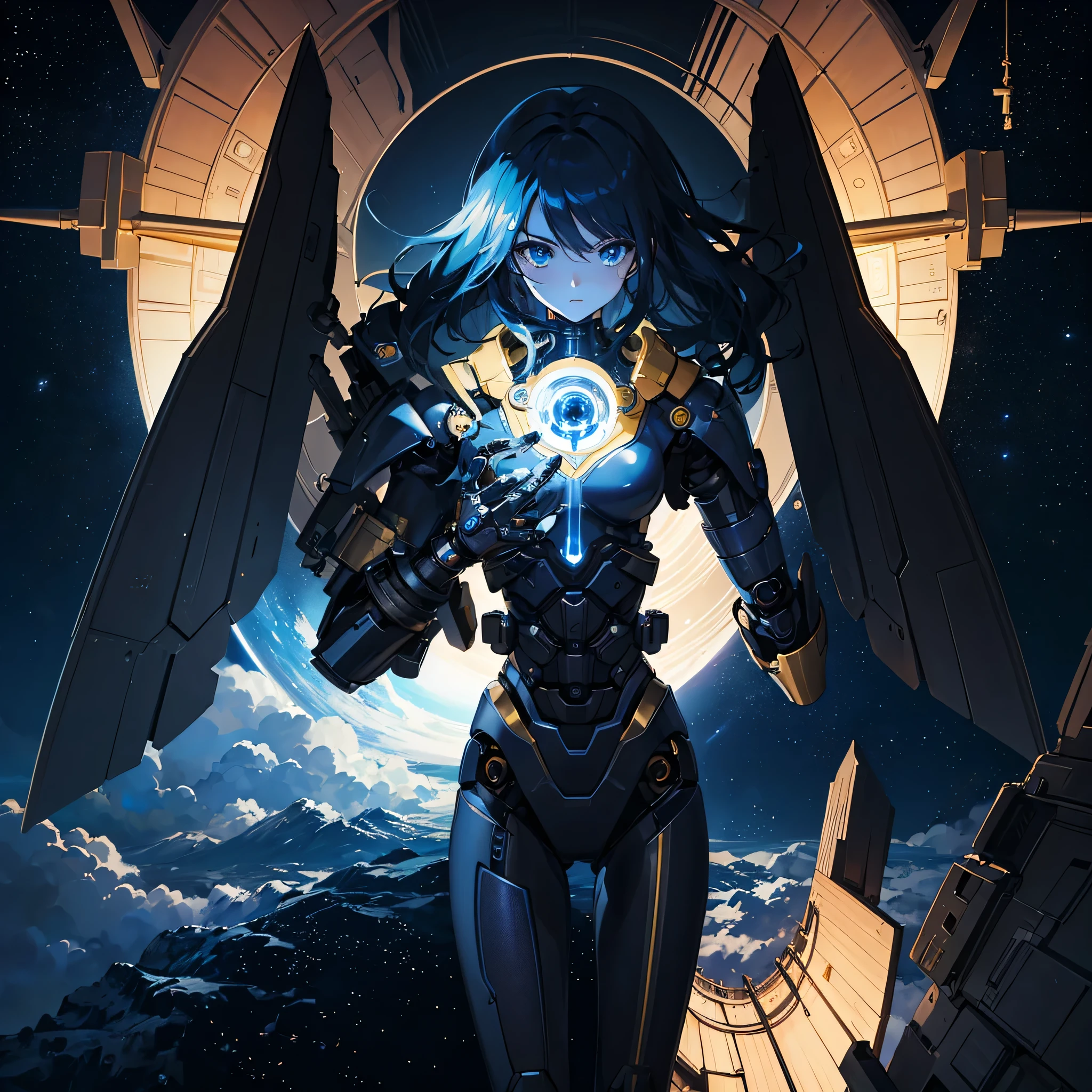 (masterpiece:1.2) (((32k))),(((Highest quality))), perfect woman, masterpiece, add_detail best quality, perfect anime girl, Poster, Futuristic, blue shades, robotic girl, a boy and a girl, romantic scene, space shuttle