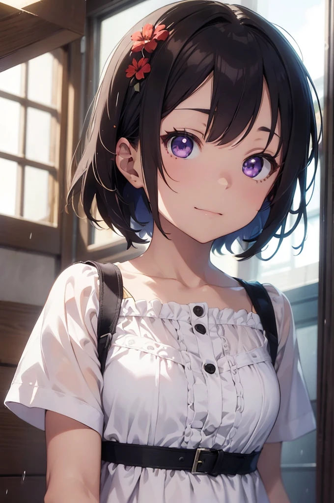 4K, (work of art), highest quallity, 2d, ((rebeld girl)), (teenage anime girl), holding a flower, summer dress, selfie, short hair with long bangs, heterochromatic eyes, ssmile, full height, clean eyes, black eyelash, (intrincado detalhado), dramatic, makoto shinkai, purple eyes, in your room, serious, rainy, dinamical pose
