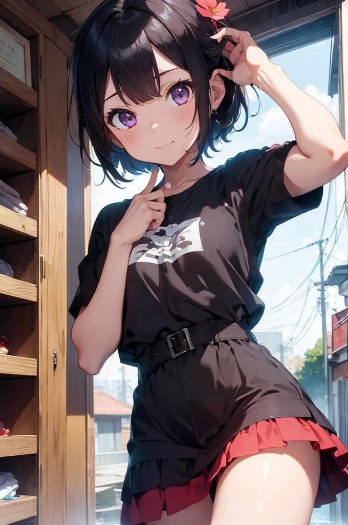 4K, (work of art), highest quallity, 2d, ((rebeld girl)), (teenage anime girl), holding a flower, summer dress, selfie, short hair with long bangs, heterochromatic eyes, ssmile, full height, clean eyes, black eyelash, (intrincado detalhado), dramatic, makoto shinkai, purple eyes, in your room, serious, rainy, dinamical pose