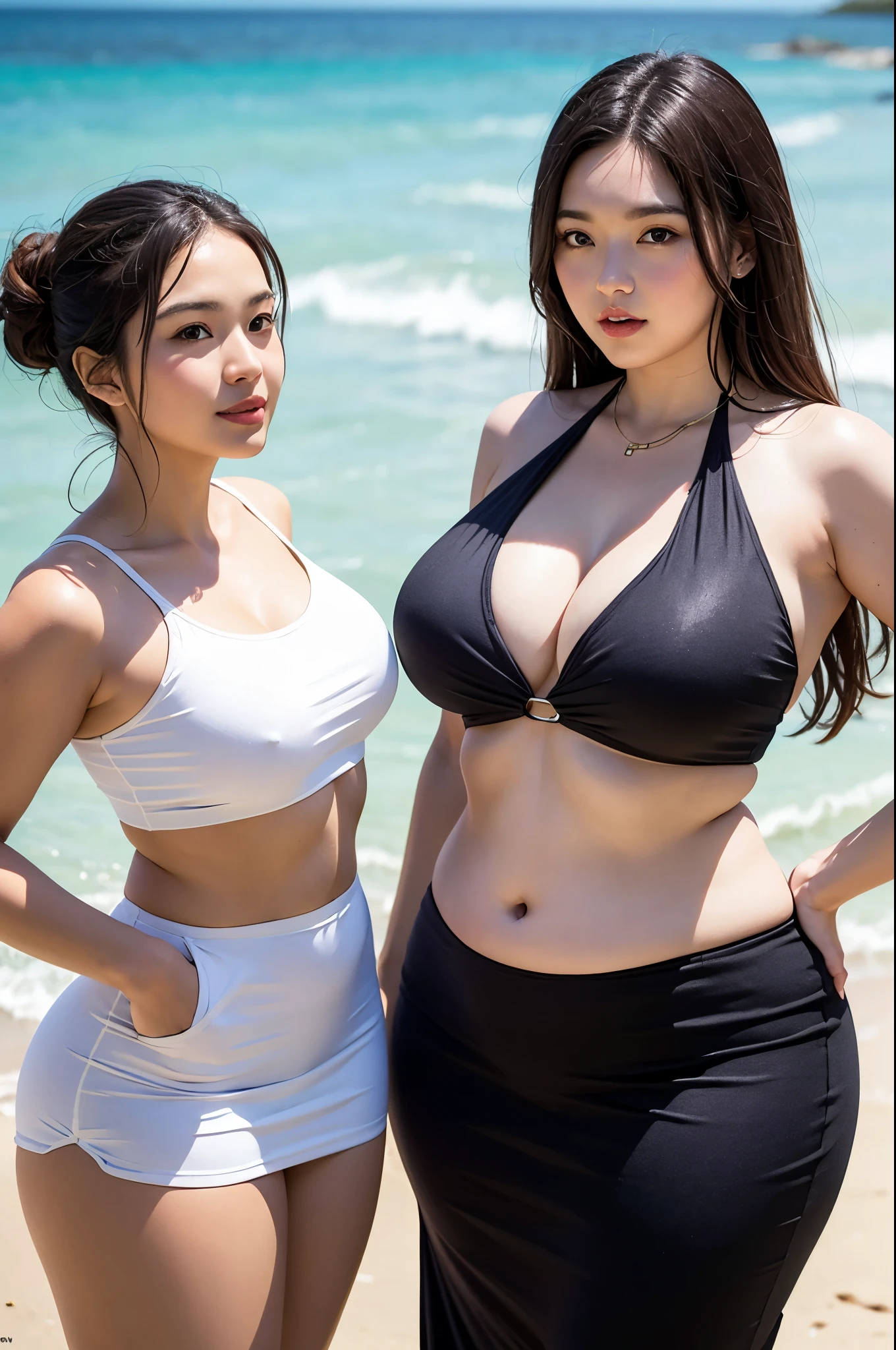 Beautiful round face thick girls, wight skin, croptop dress, background beach, girls in water , Thick curve shap body ,{( widest hips ) plus size}