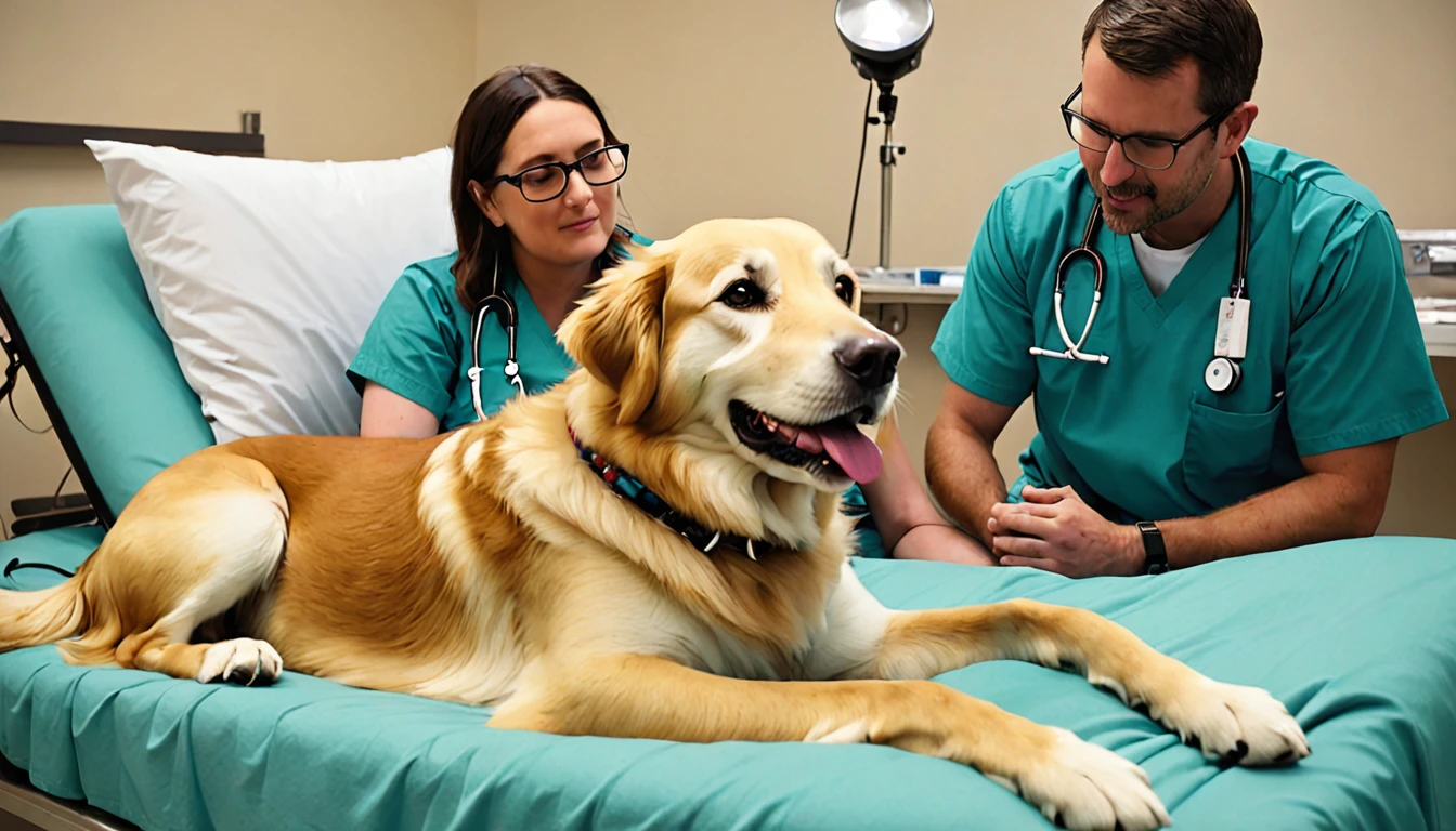 A therapy dog snuggles up to a patient during a therapy session, providing comfort and support. The handler watches over them with a warm, caring expression, deeply moved by the heartwarming scene unfolding before them. The therapy dog's gentle presence and the handler's compassionate gaze create a powerful, emotional moment that highlights the incredible bond between humans and therapy animals.