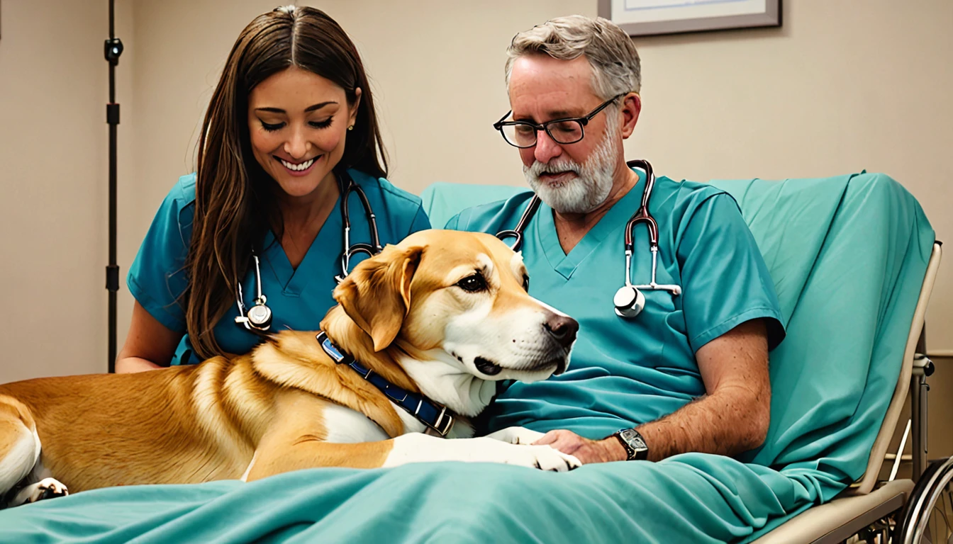 A therapy dog snuggles up to a patient during a therapy session, providing comfort and support. The handler watches over them with a warm, caring expression, deeply moved by the heartwarming scene unfolding before them. The therapy dog's gentle presence and the handler's compassionate gaze create a powerful, emotional moment that highlights the incredible bond between humans and therapy animals.
