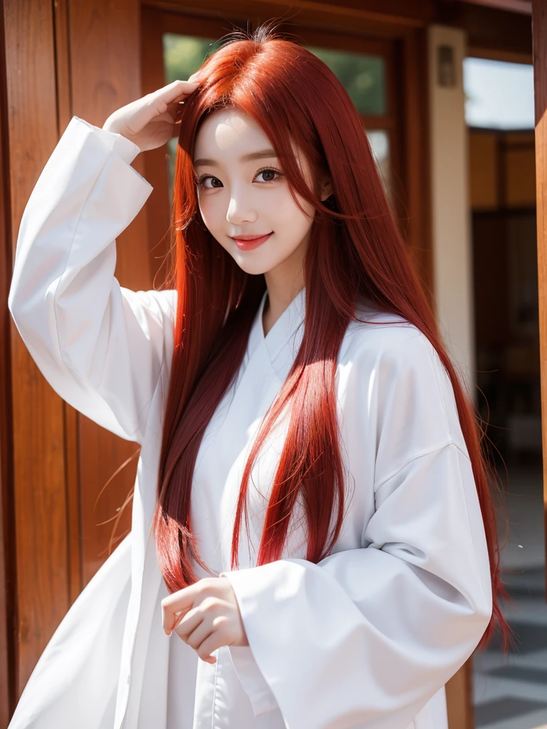 Korean with long red hair, white outfit, hair stuck, smiling face selfie