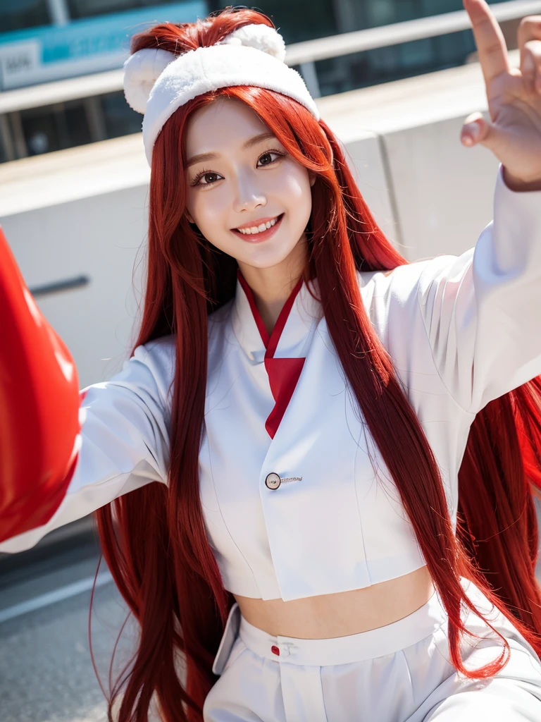 Korean with long red hair, white outfit, hair stuck, smiling face selfie