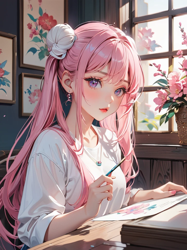 (((How to cut paper))), (The frame of the illustration is a 3D paper cut: 1.2), (colorful), 1 Girl, Pink long hair, Twin tails, cap, denim, shirt, A dog and a girl,masterpiece, Highest quality, High resolution, {Detailed and beautiful eyes}, finely,  Detailed and beautiful eyes,1 Girl, (alone:1.5),  (Hair Ribbon:0.4), Pink Eyes,(((White bun hair))),(((Long pink hair))),