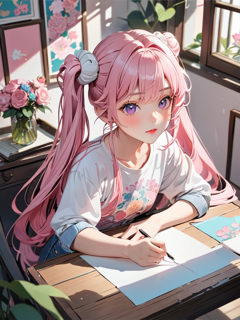 (((How to cut paper))), (The frame of the illustration is a 3D paper cut: 1.2), (colorful), 1 Girl, Pink long hair, Twin tails, cap, denim, shirt, A dog and a girl,masterpiece, Highest quality, High resolution, {Detailed and beautiful eyes}, finely, Detailed and beautiful eyes,1 Girl, (alone:1.5), (Hair Ribbon:0.4), Pink Eyes,(((White bun hair))),(((Long pink hair))),